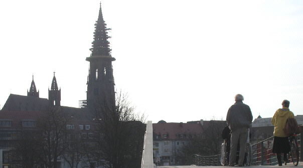 Blick vom Stadtgarten ber die Fugngerbrcke nach Sden zum Mnster am 23.2.2007 um 15.30 Uhr
